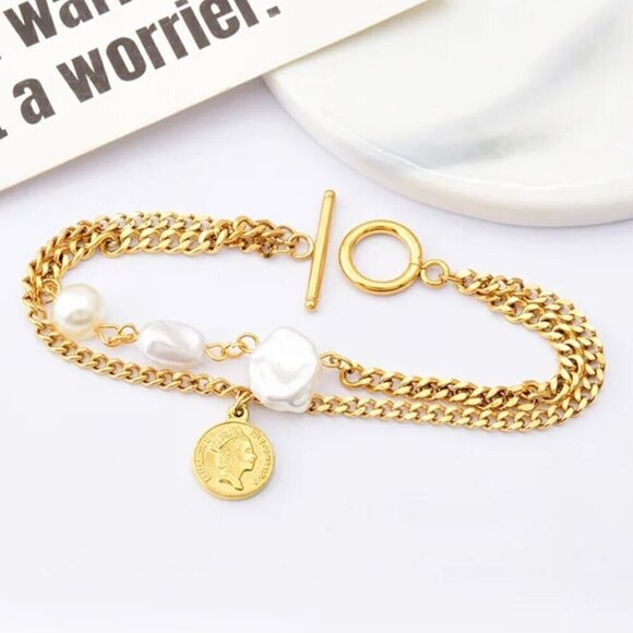 NWT 14K Gold Plated Two Strands Coin Charm Pearl Bracelet 7” - Picture 9 of 13